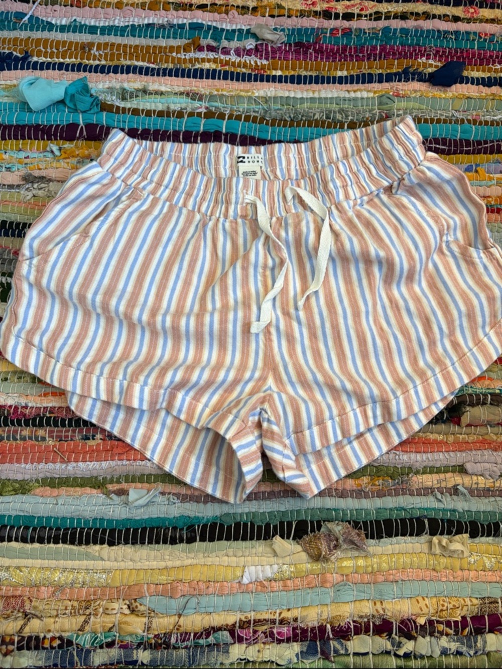 Billabong Striped Tie-Waist Athletic Shorts in Peach, Blue & White